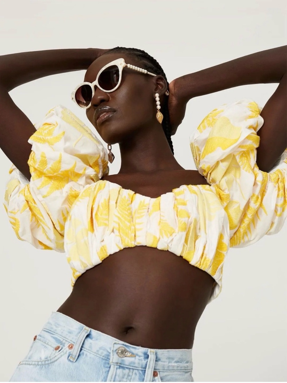 Acler Bastia Yellow Puff-Sleeve Embroidered Crop Top - size 4